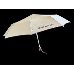 Bloomingdales Little Brown Umbrella Tan Beige Automatic Button Compact GUC Rare